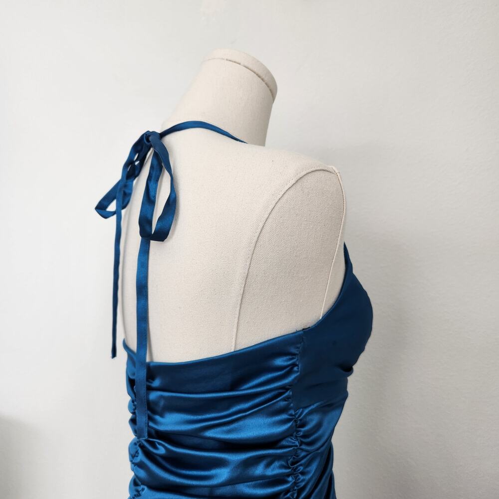 Jessica McClintock Y2K Teal Satin Halter Ruffle Drop Waist Mini Homecoming Dress - Picture 8 of 10